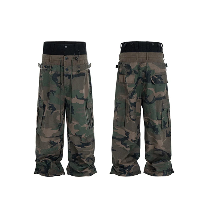 CUT-UP Double-Layer Double Waist Patchwork Baggy Jeans