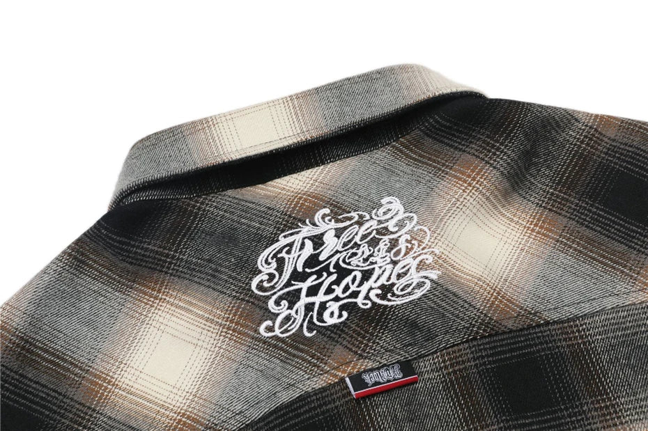 Vintage Plaid Shirts Men Streetwear Letter Embroidery