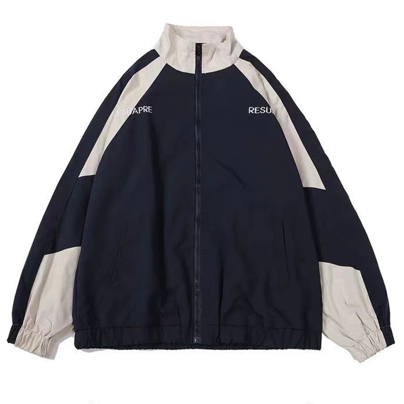 Men High Street Patchwork Black Windbreaker Jackets