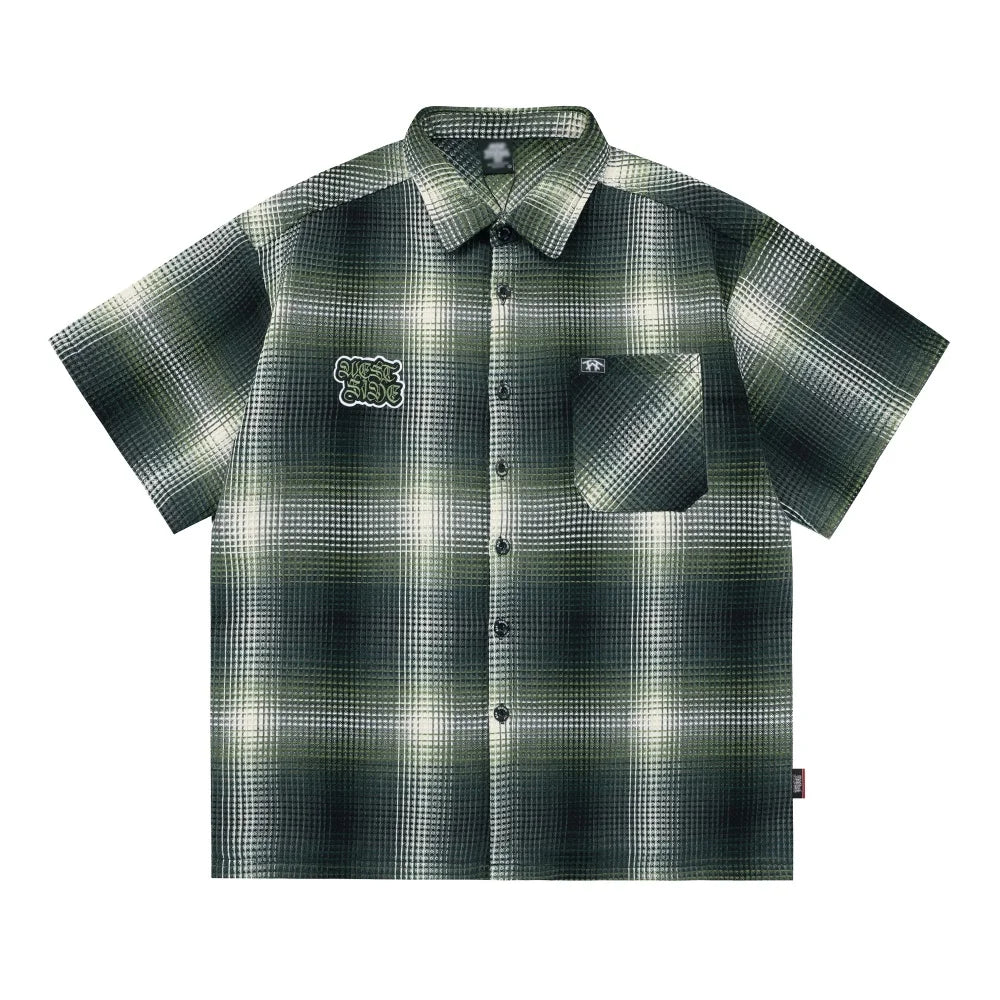 Letter Patch Embroidery Plaid Short Sleeve Shirts