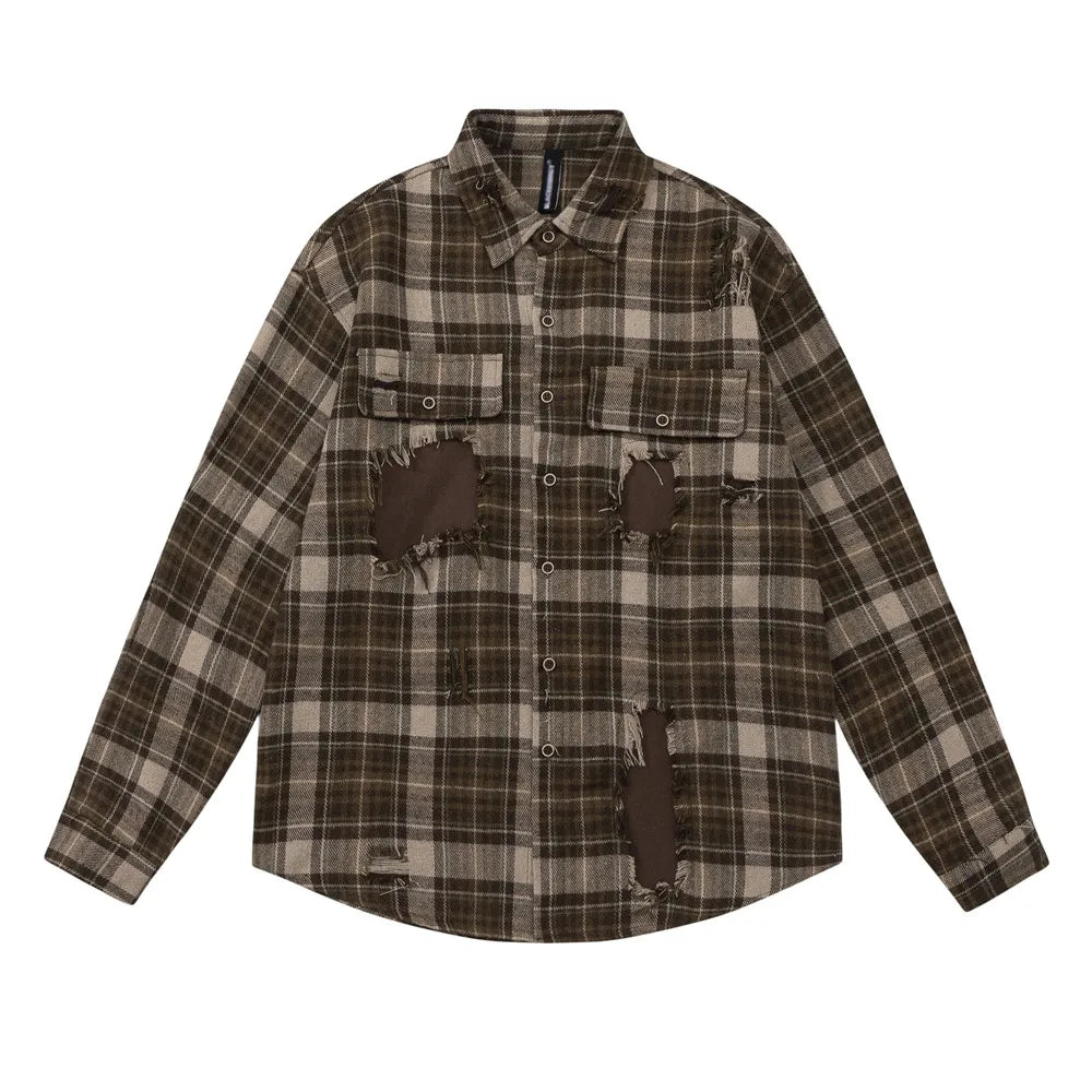 Ripped Patchwork Plaid Shirt Mens Retro Casual Loose Lapel