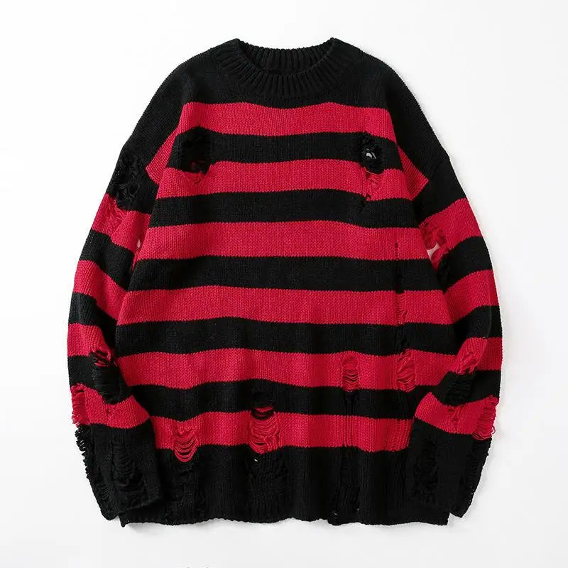 Black Stripe Sweaters Destroyed Ripped Sweater