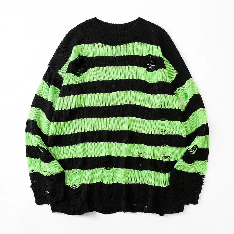 Black Stripe Sweaters Destroyed Ripped Sweater
