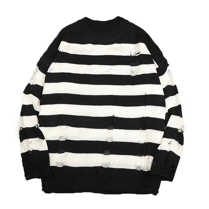 Black Stripe Sweaters Destroyed Ripped Sweater