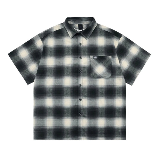 Vintage Plaid Shirts Men Streetwear Letter Embroidery
