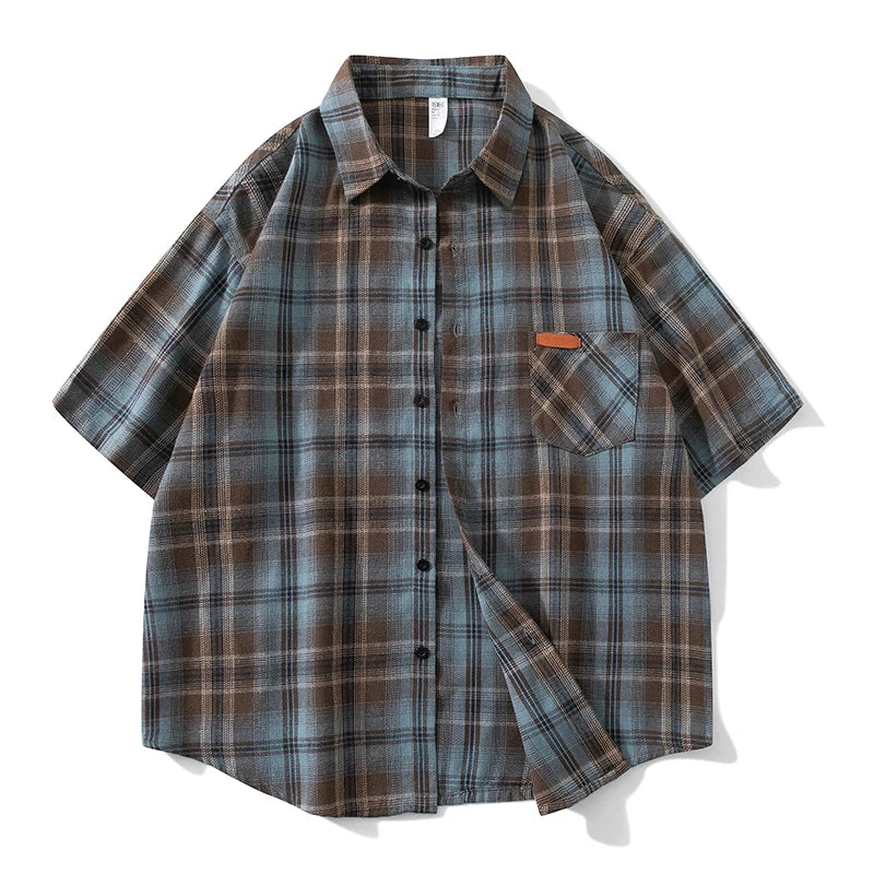 Men Spring Summer Oversized Vintage Plaid Shirt