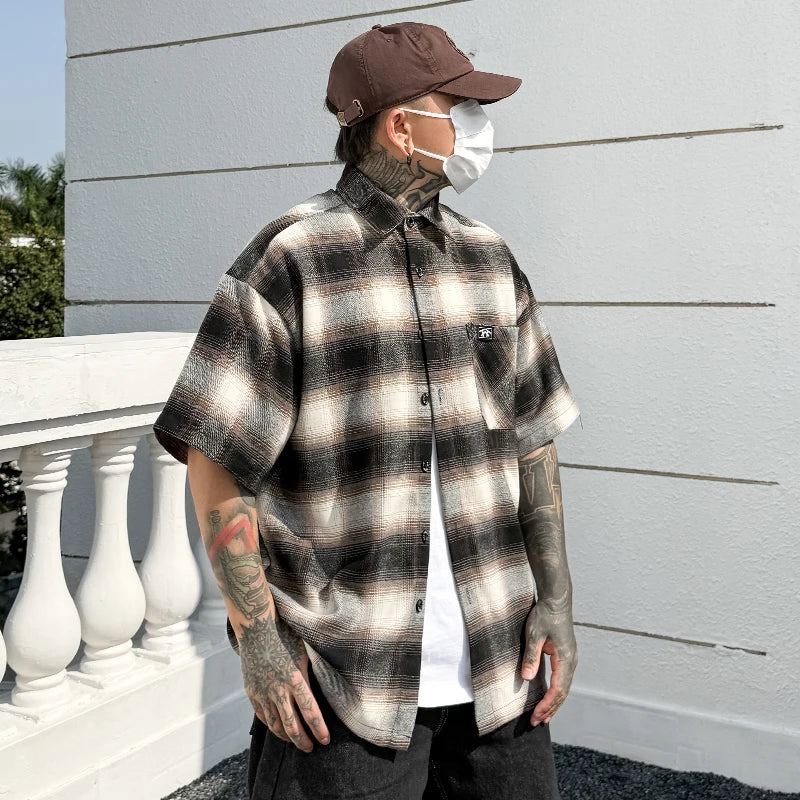 Letter Embroidery Pocket Lapel Half-Sleeve Checked Shirt Men