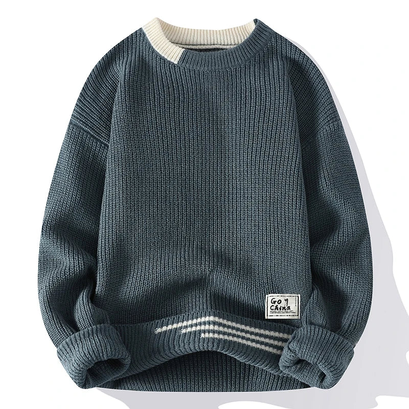 Men Vintage Twist Sweater Round Neck Male Fit Knitted Pullover