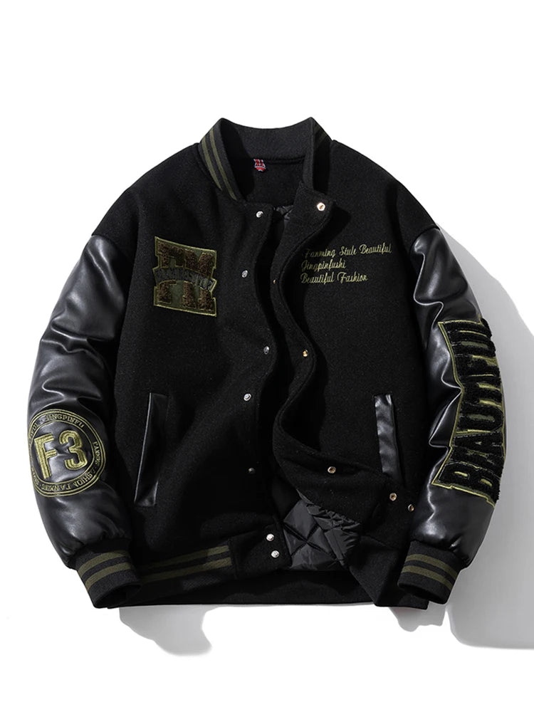 Winter Varsity Jacket Man Leather Sleeves Letter Embroidery Jacket