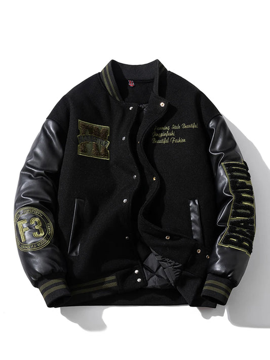 Winter Varsity Jacket Man Leather Sleeves Letter Embroidery Jacket