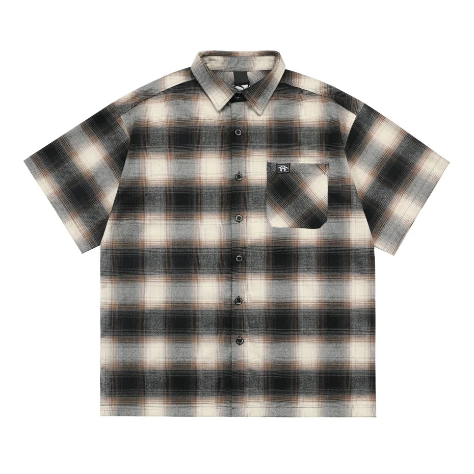 Vintage Plaid Shirts Men Streetwear Letter Embroidery