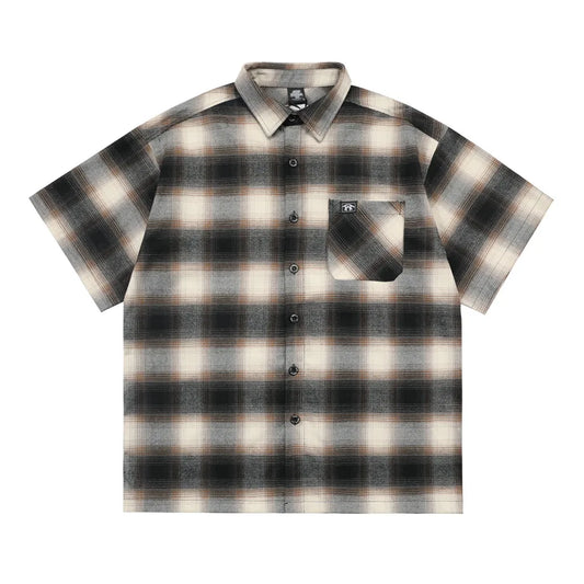 Letter Embroidery Pocket Lapel Half-Sleeve Checked Shirt Men