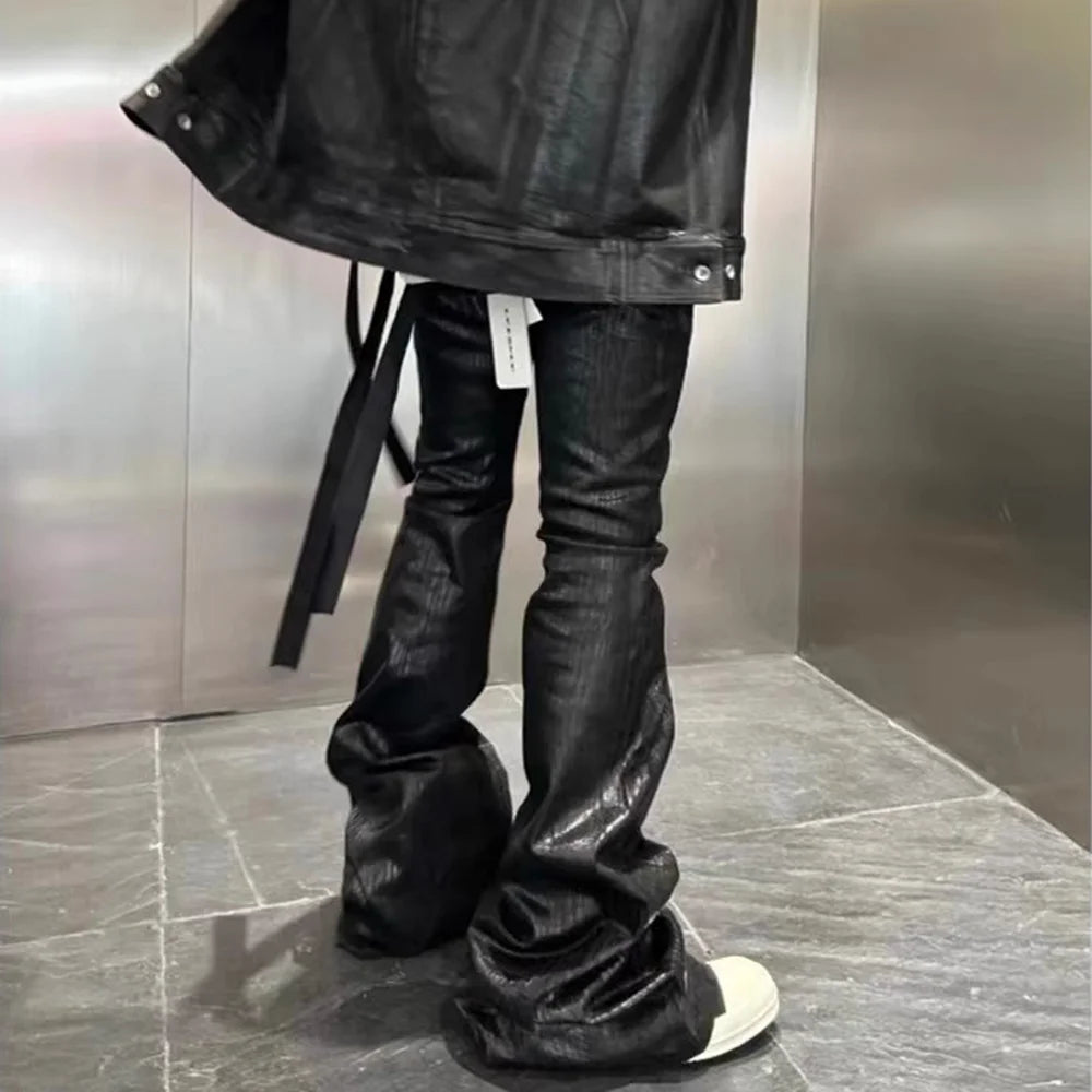 Streetwear Black Wax Leather Strecth Trousers