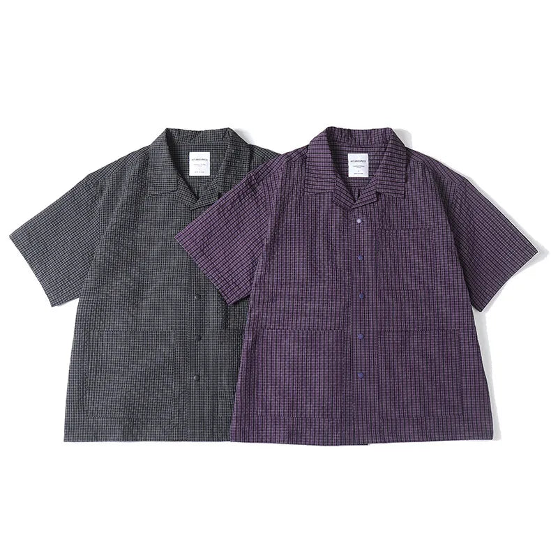 Outdoor Men Short Sleeve Summer Streetwear Plaid Blouse Shirts