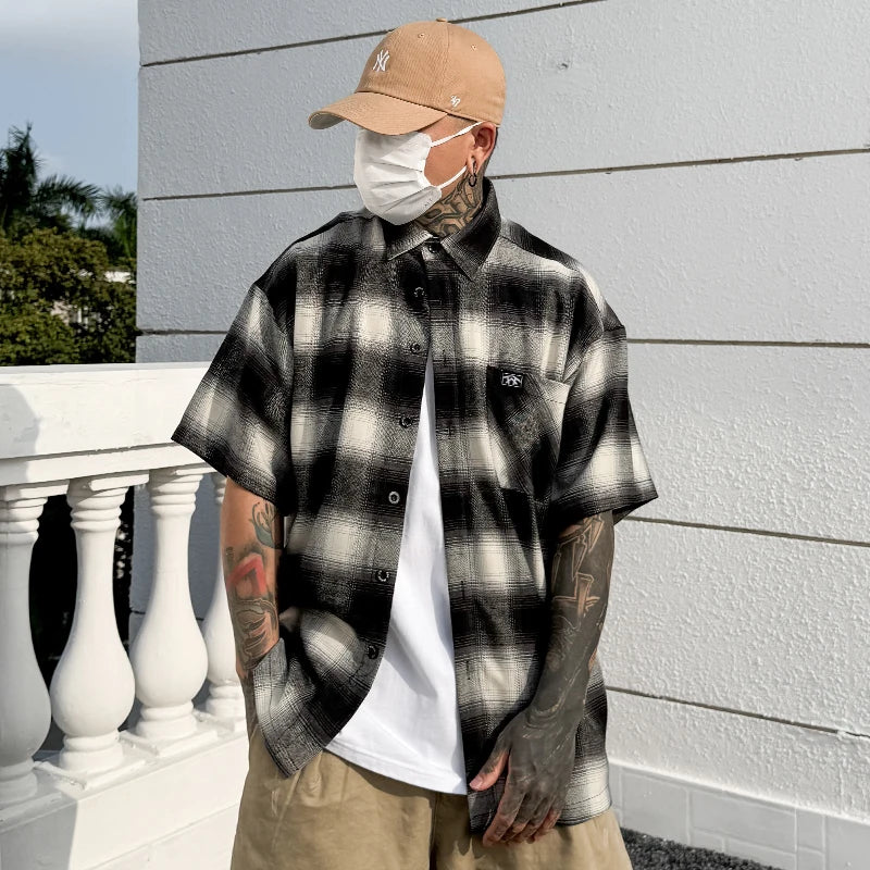 Letter Embroidery Pocket Lapel Half-Sleeve Checked Shirt Men