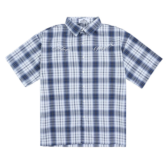 Summer Letter Eembroidery Short Sleeve Plaid Shirt