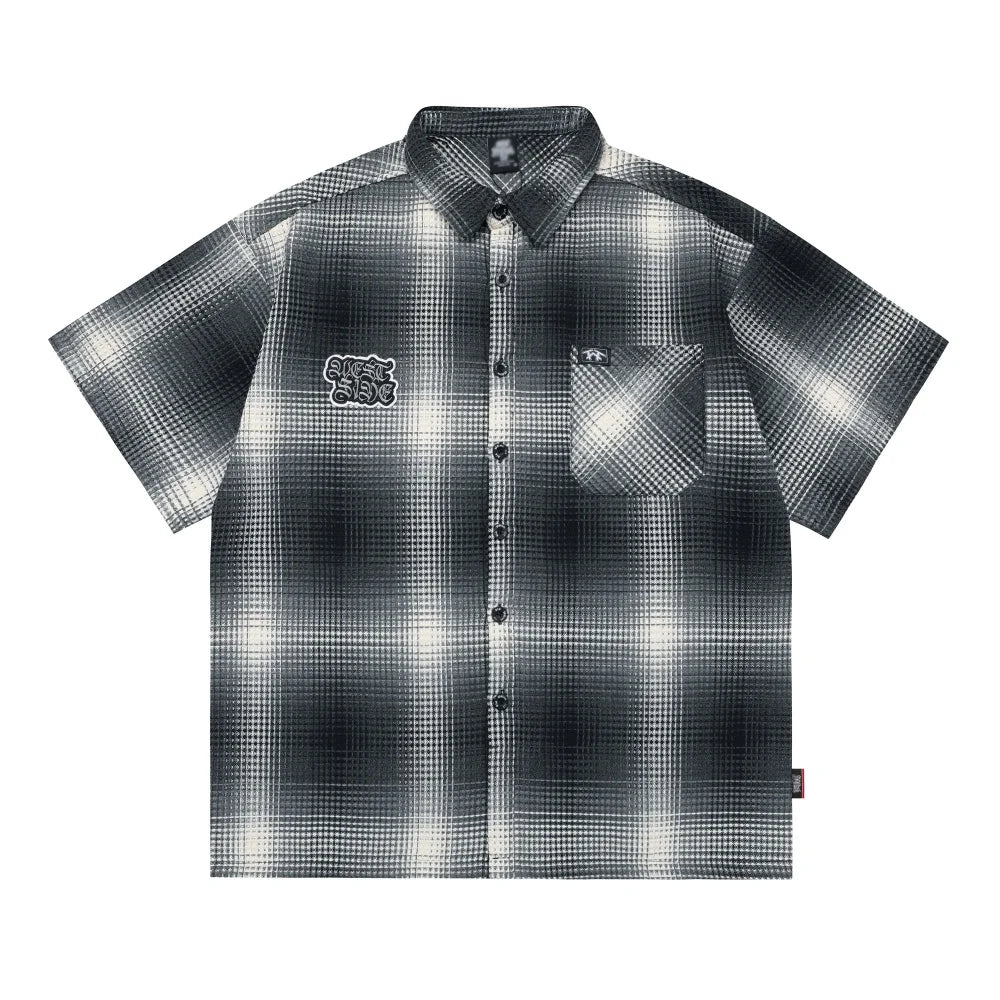 Letter Patch Embroidery Plaid Short Sleeve Shirts