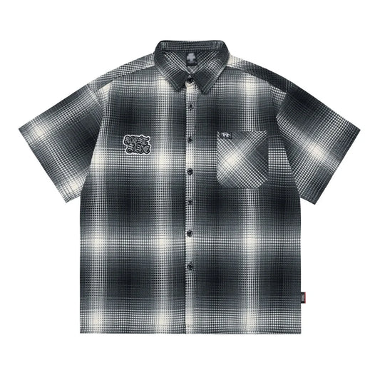 Letter Patch Embroidery Plaid Short Sleeve Shirts