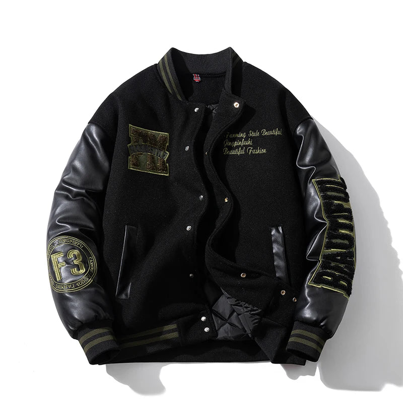 Winter Varsity Jacket Man Leather Sleeves Letter Embroidery Jacket
