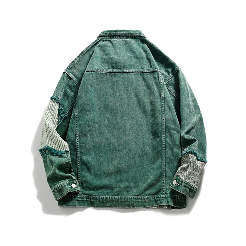 Green Patchwork Men Denim Jean Jacket