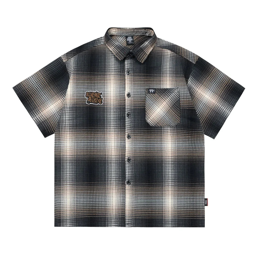 Letter Patch Embroidery Plaid Short Sleeve Shirts