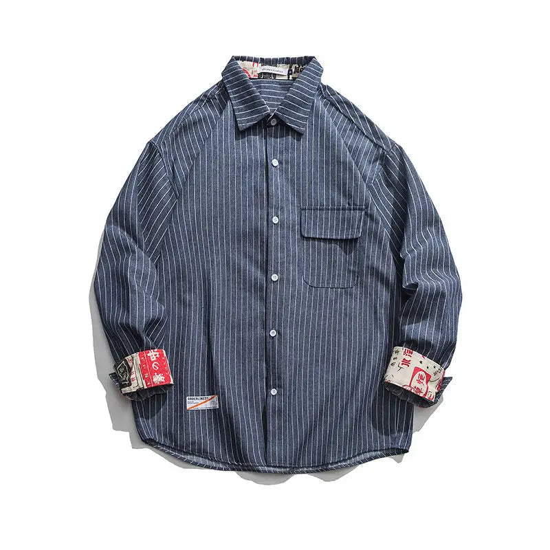 Thin Long Sleeved Striped Workwear Retro Loose Casual Shirt