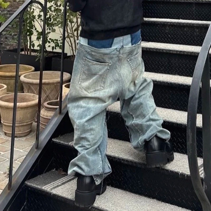 CUT-UP Double-Layer Double Waist Patchwork Baggy Jeans