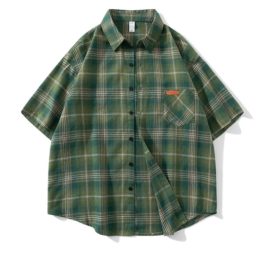 Men Spring Summer Oversized Vintage Plaid Shirt