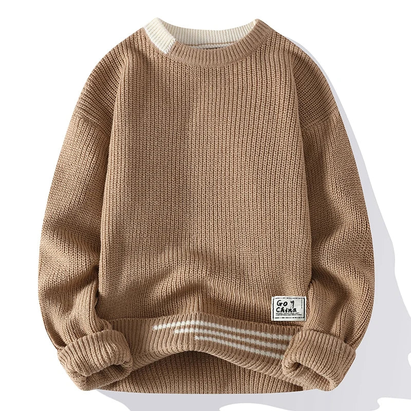 Men Vintage Twist Sweater Round Neck Male Fit Knitted Pullover