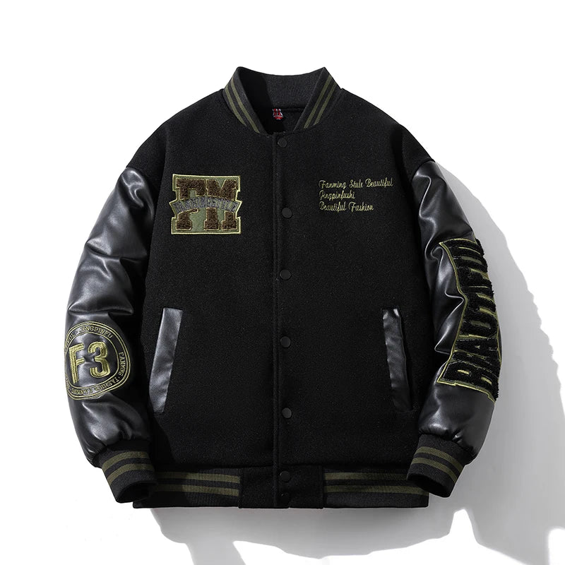 Winter Varsity Jacket Man Leather Sleeves Letter Embroidery Jacket