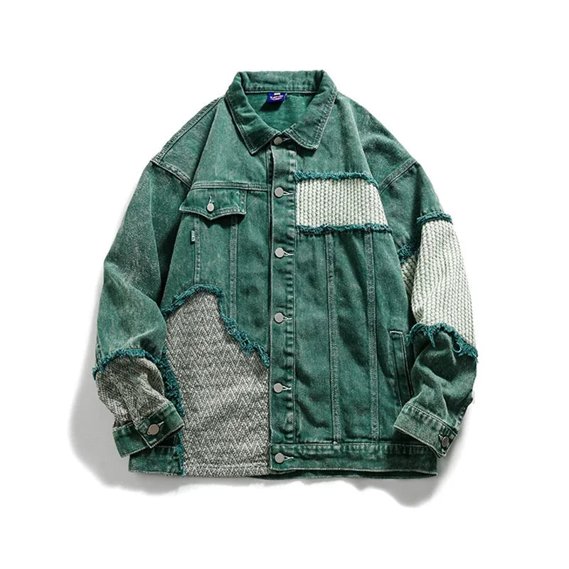 Green Patchwork Men Denim Jean Jacket