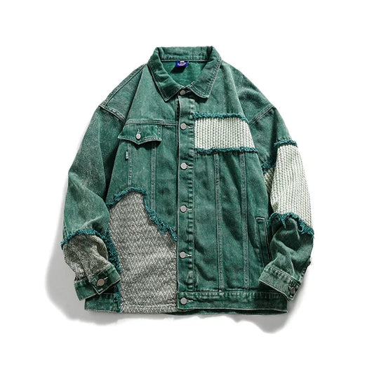 Green Patchwork Men Denim Jean Jacket