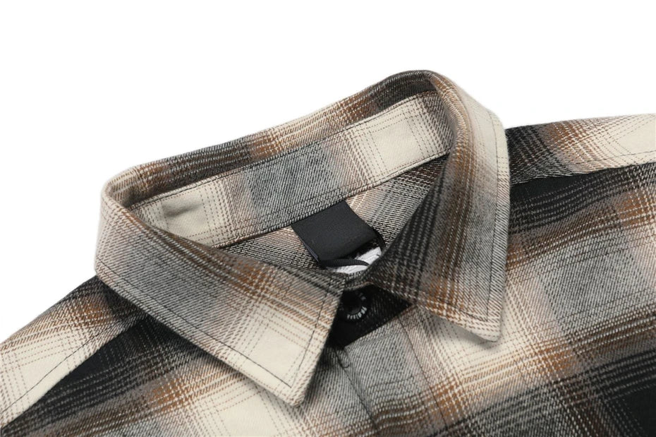 Vintage Plaid Shirts Men Streetwear Letter Embroidery