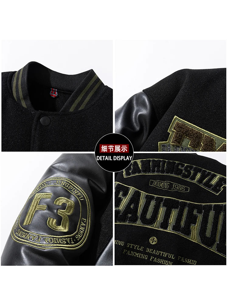 Winter Varsity Jacket Man Leather Sleeves Letter Embroidery Jacket