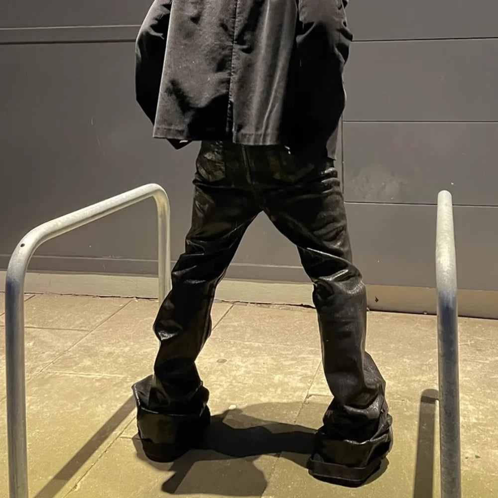 Streetwear Black Wax Leather Strecth Trousers