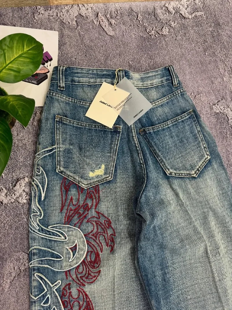 Y2K American Pattern Embroidery Baggy Jeans
