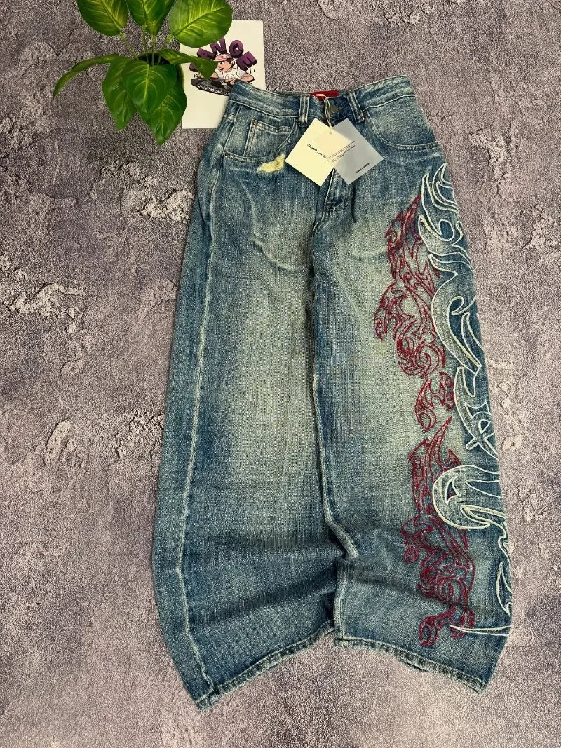 Y2K American Pattern Embroidery Baggy Jeans