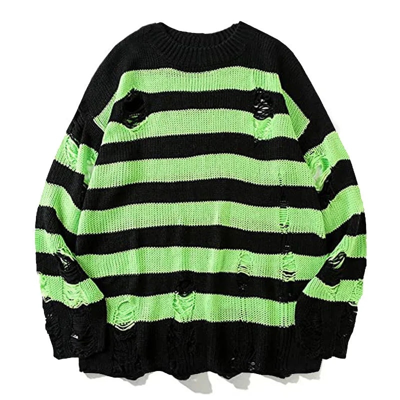 Black Stripe Sweaters Destroyed Ripped Sweater