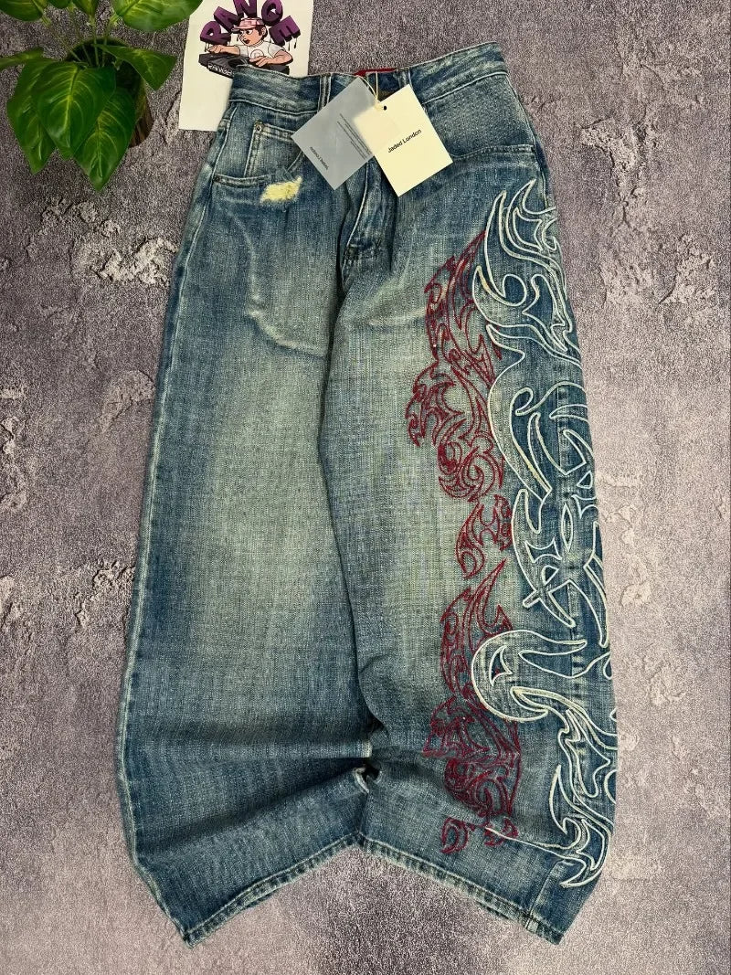Y2K American Pattern Embroidery Baggy Jeans
