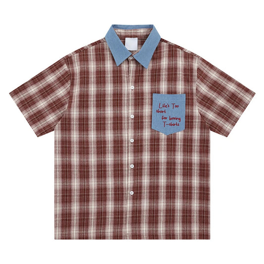 Mens Plaid Short Sleeve Shirts Hip Hop Letter Embroidered Blouses