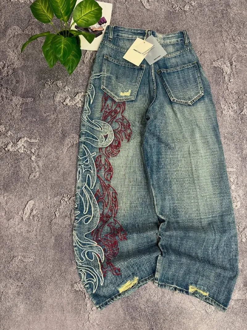 Y2K American Pattern Embroidery Baggy Jeans