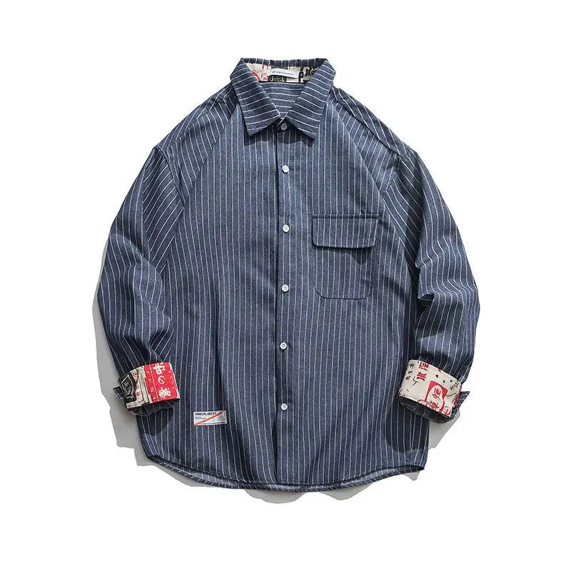Thin Long Sleeved Striped Workwear Retro Loose Casual Shirt