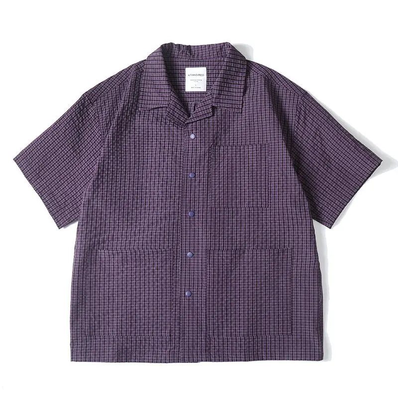 Outdoor Men Short Sleeve Summer Streetwear Plaid Blouse Shirts