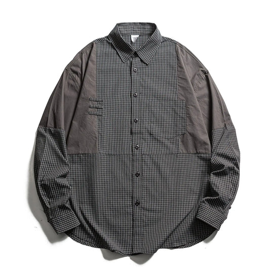 Men's Japanese Streetwear Fashion Splice Plaid Casual Loose Long Sleeve Oversize Shirts